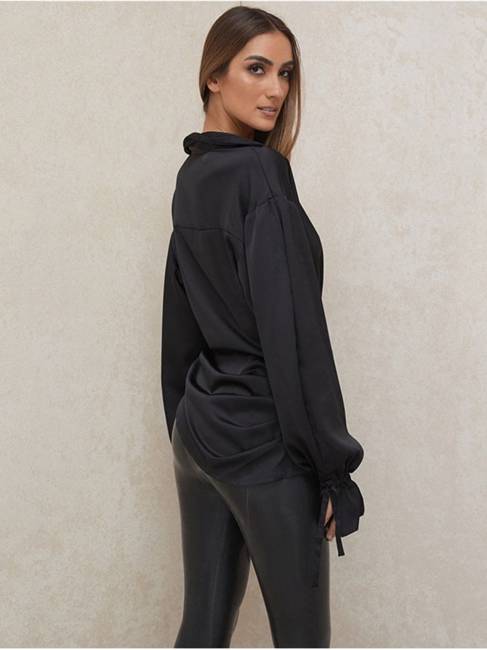 Black Satin Tie-Front Blouse - Picture 3 of 4